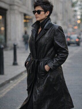 Vintage Leather Patchwork Coat Black Belted Longline Jacket L XL